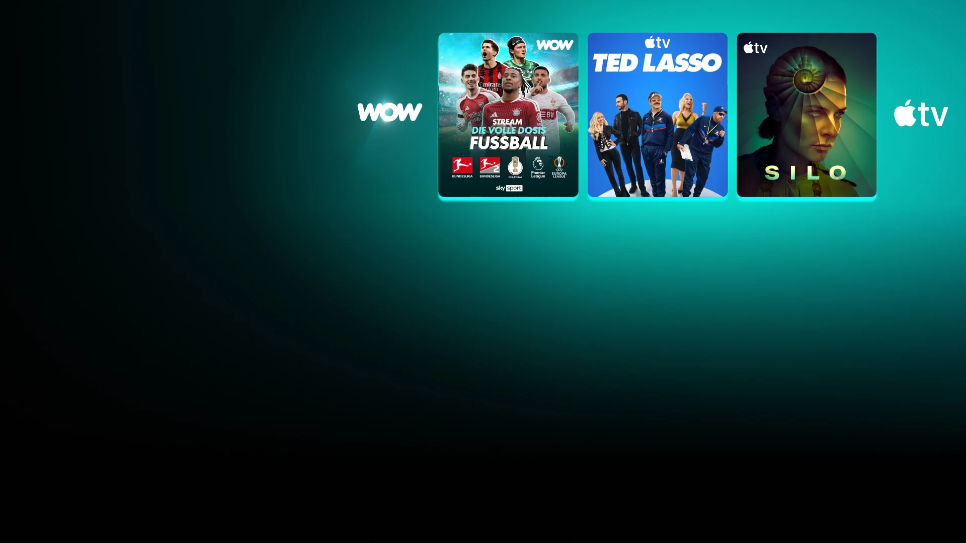 Die Grafik zeigt Titelbilder von verschiedenen Serien und Filmen sowie Szenen aus Fußballspielen. Die Grafik soll die Vielfalt des Programms von WOW widerspiegeln.