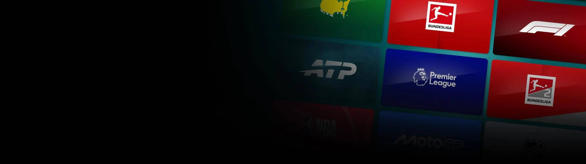 Im Hintergrund sind die Logos abgebildet von der Bundesliga, F1, Premier League und ATP.