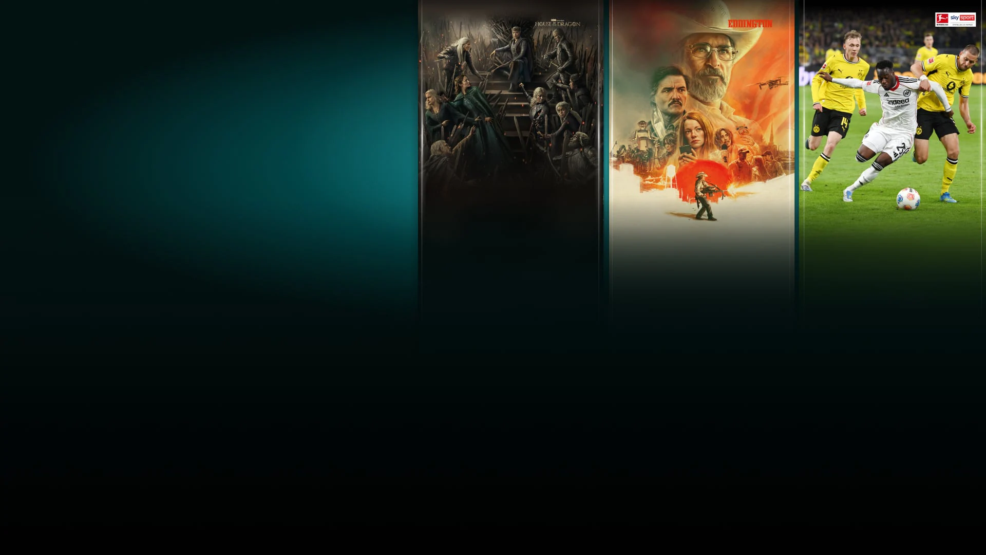 Die Grafik zeigt Titelbilder von verschiedenen Serien und Filmen sowie Szenen aus Fußballspielen. Die Grafik soll die Vielfalt des Programms von WOW widerspiegeln.