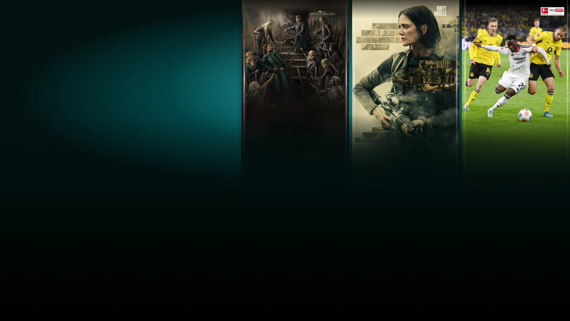 Die Grafik zeigt Titelbilder von verschiedenen Serien und Filmen sowie Szenen aus Fußballspielen. Die Grafik soll die Vielfalt des Programms von WOW widerspiegeln.