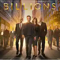 Titelbild zu "Billions" Staffel 7: die Hauptdarsteller, im Vordergrund Damian Lewis, Paul Giamatti, Maggie Siff und Corey Stoll.
