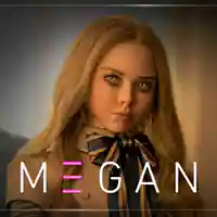 Artwork des Horrorfilm "m3gan". Abgebildet ist die gleichnamige blondhaarige Roboterpuppe.