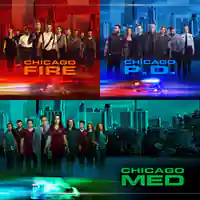 Abbildungen von Hauptdarstellern der Serien "Chicago Med", "Chicago Fire" und "Chicago P.D" 