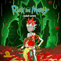 Das Artwork zu "Rick und Morty" Staffel 7: Morty umarmt Rick. Beide sind mit einer roten Flüssigkeit bespritzt. Ketchup?