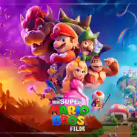 Die Hauptfiguren vom Super Mario Bros. Film vor einem Hintergrund, der an das gleichnamige Videogame erinnert.