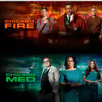 Abbildungen von Hauptdarstellern der Serien "Chicago Med", "Chicago Fire" und "Chicago P.D"