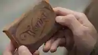 Wonka (Timothee Chalament) hält eine Tafel schokolade mit der Aufschrift "Wonka".