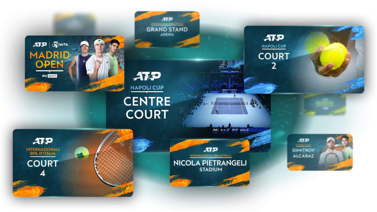 Mehrere Karten sind abgebildet. Sie deuten die Möglichkeiten an, mit Hilfe der Zusatz-Streams Spiele auf allen Courts eines Turniers sehen zu können.