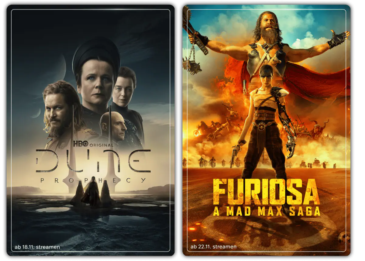 Eine Grafik mit Abbildungen zu aktuellen Serien und Filmen bei WOW: Dungeons & Dragons, Unser Hof, Harry Potter, John Wick 4, Fast & Furious 10, Die Wespe Staffel 3, The Flash