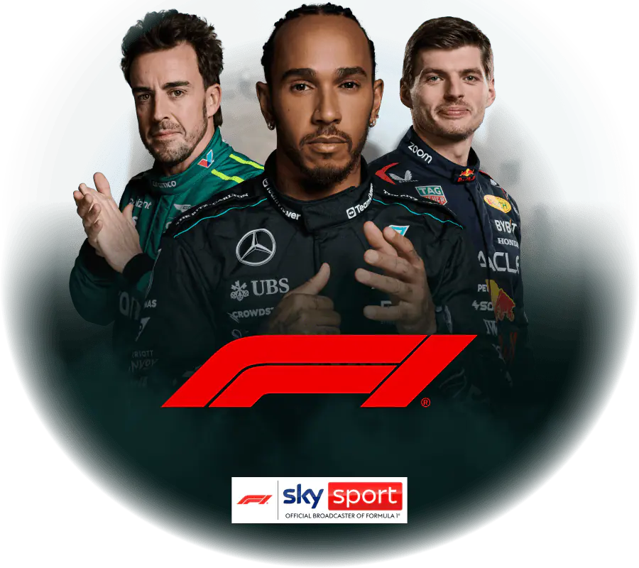 Abgebildet sind von links nach rechts die Formel-1-Fahrer Lewis Hamilton, Max Verstappen  und Lando Norris.