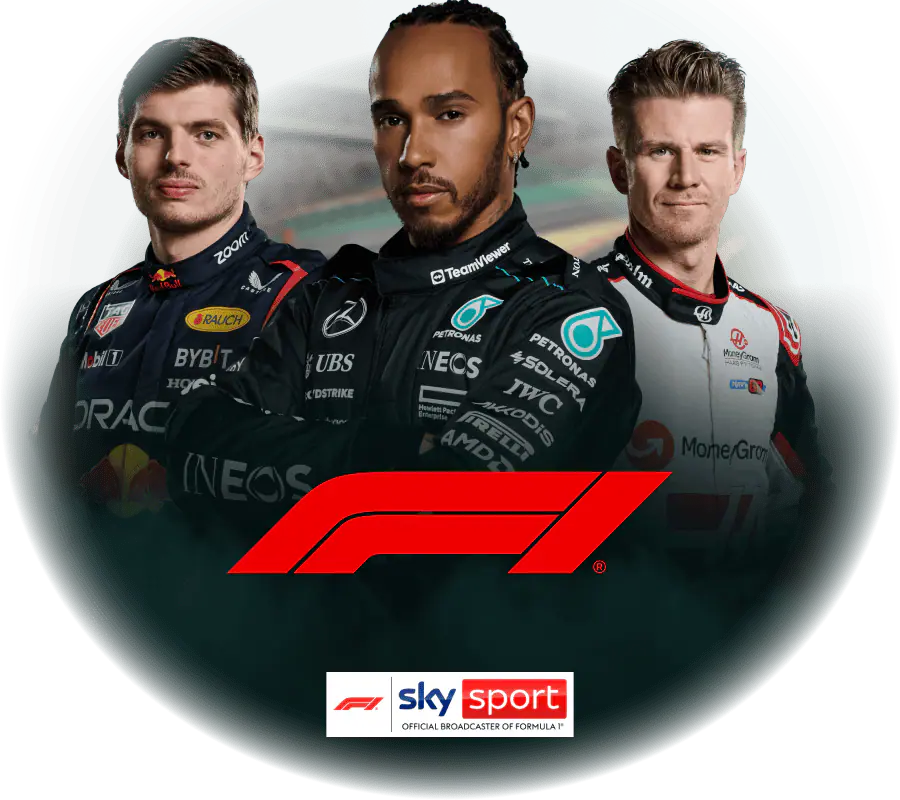 Abgebildet sind die Formel-1-Fahrer Max Verstappen, Lewis Hamilton und Niko Hülkenberg.