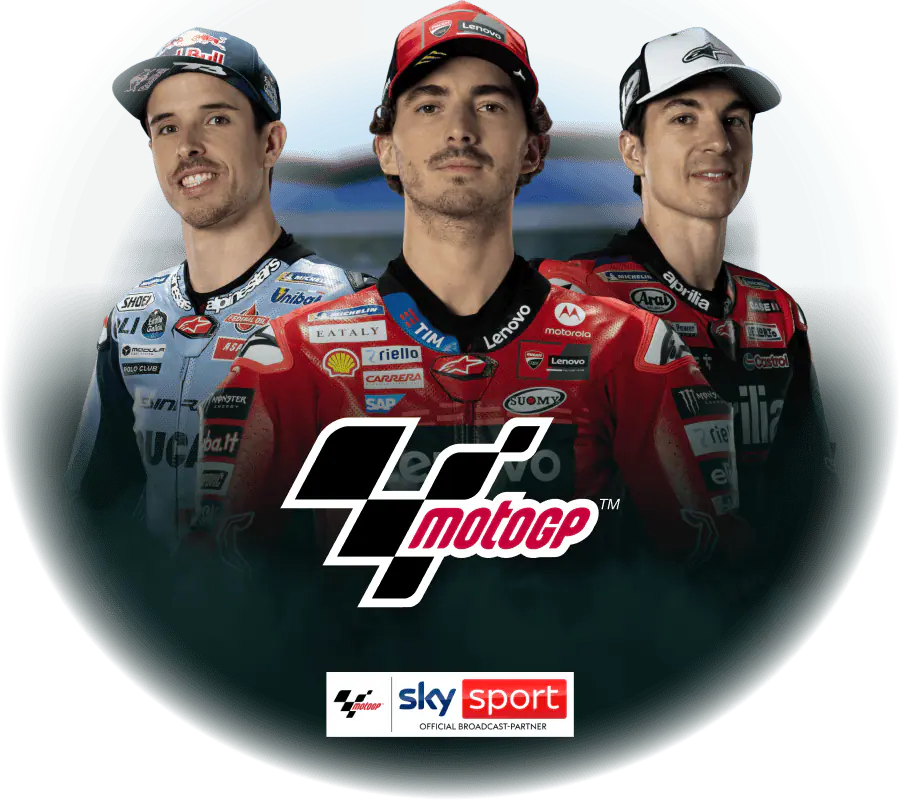Abgebildet sind drei Fahrer der MotoGP. von links nach rechts: Francesco Bagnaia, Marc Marquez und Franco Morbidelli.