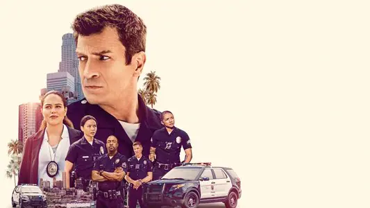 Keyart zu Staffel 4 von The Rookie: Abgebildet ist der Kopf von Nolan in Unform, darunter seine Kollegen, im Hintergrund die Skyline von Los Angeles.
