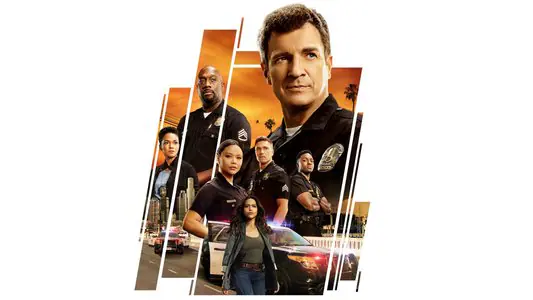 Die Hauptcharaktere von The Rookie, groß und im Vordergrund ist Nolan in Uniform abgebebildet.