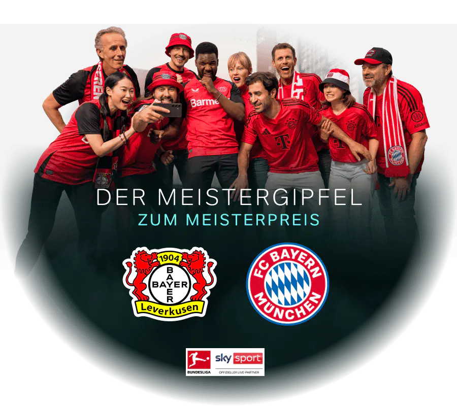 Abgebildet sind jeweils zwei Spieler vom  Bayer 04 Leverkusen und FC Bayern München  aus der Fußball-Bundesliga. Das Spiel beider Mannschaften kannst live auf Sky Sport bei WOW streamen, am 15. Februar um 18.30 Uhr.