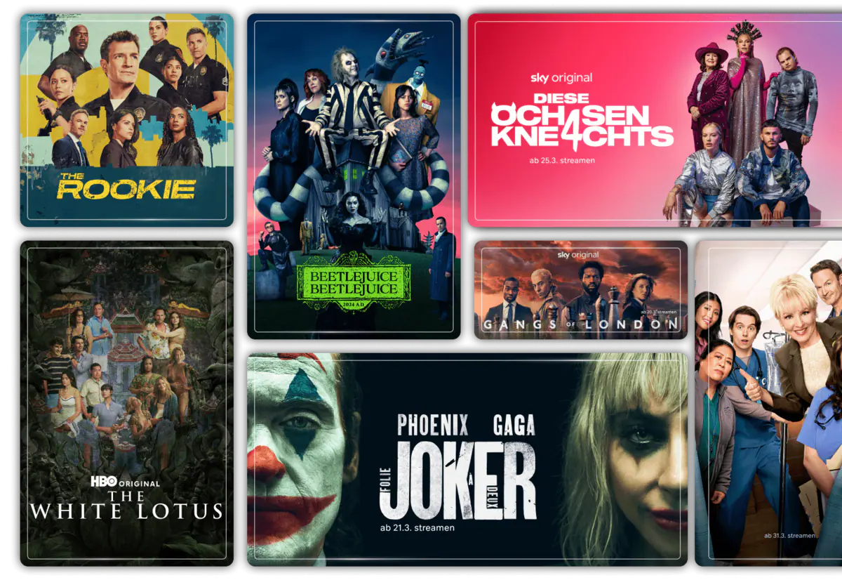Eine Grafik mit Abbildungen zu aktuellen Serien und Filmen bei WOW: Ich- Einfach unverbesserlich 4, The White Lotus Staffel 3, Eine Million Minuten, Beetlejuice, The Rookie Staffel 7, The Bikderiders und S.W.A.T. Staffel 8.