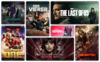 Die Grafik besteht aus verschiedenen Bildern. Abgebildet sind The Rookie Staffel 7, Beetlejuice Beetlejuice, Diese Ochsenknechts, The White Lotus Staffel 3, The Joker, Gangs of London und St. Denis Medical.
