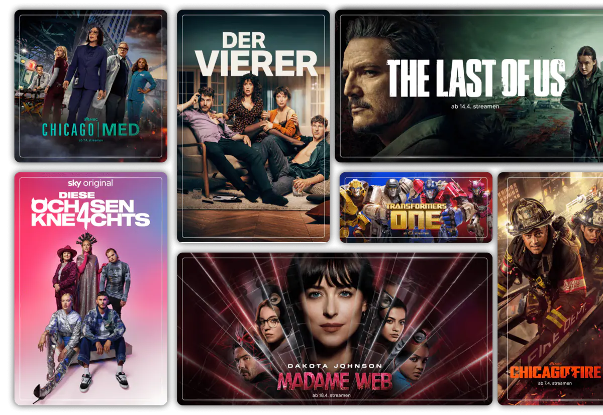 Eine Grafik mit Abbildungen zu aktuellen Serien und Filmen bei WOW: Ich- Einfach unverbesserlich 4, The White Lotus Staffel 3, Eine Million Minuten, Beetlejuice, The Rookie Staffel 7, The Bikderiders und S.W.A.T. Staffel 8.