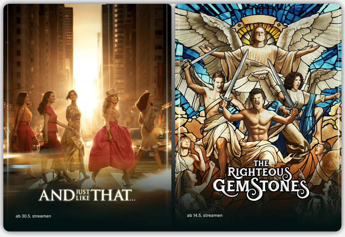 Das Keyart von And Just Like That S3 und The Righteous Gemstones S4.