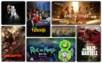Abgebildet sind Key Visuals verschiedener Serien, die bei WOW zu sehen sind, darunter The Last of Us, Ghosts, And Just Like That Staffel 3, Chicago Fire, The White Lotus, Rick and Morty Staffel 8 und Das Nazi-Kartell.