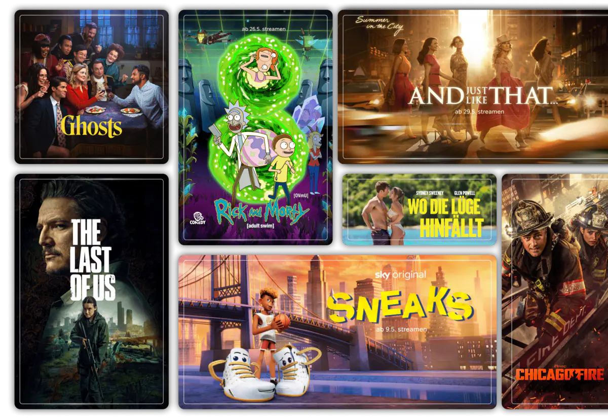Eine Grafik mit Abbildungen zu aktuellen Serien und Filmen bei WOW: Chicago Fire, The Last of US S2, And Just Like That S3, Ghosts, Wo die Lüge hinfällt, Sneaks und Rick und Morty S8.