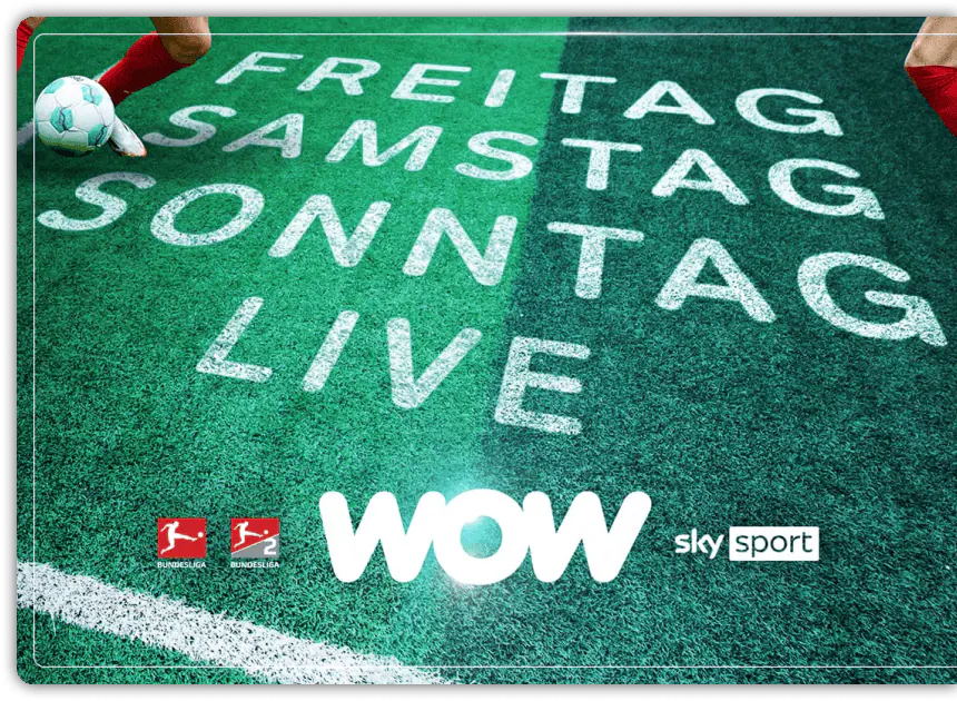Abgebildet ist der Text "Freitag, Samstag, Sonntag Live"  auf einem Stück Rasen. welcher sich auf die erste und zweite Bundesliga bei WOW bezieht,