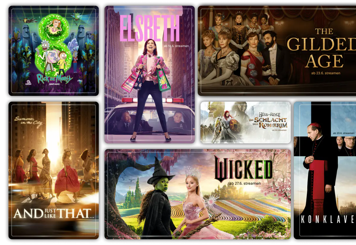 Eine Grafik mit Abbildungen zu aktuellen Serien und Filmen bei WOW: Chicago Fire, The Last of US S2, And Just Like That S3, Ghosts, Wo die Lüge hinfällt, Sneaks und Rick und Morty S8.