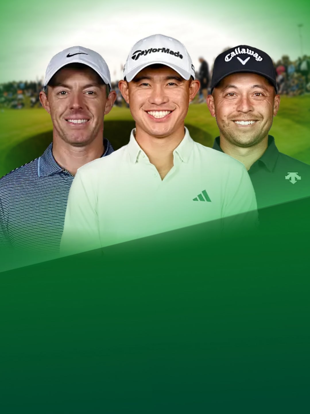 Rory McIlroy und 2 weitere Profigolfer stehen nebeneinander und lächeln.