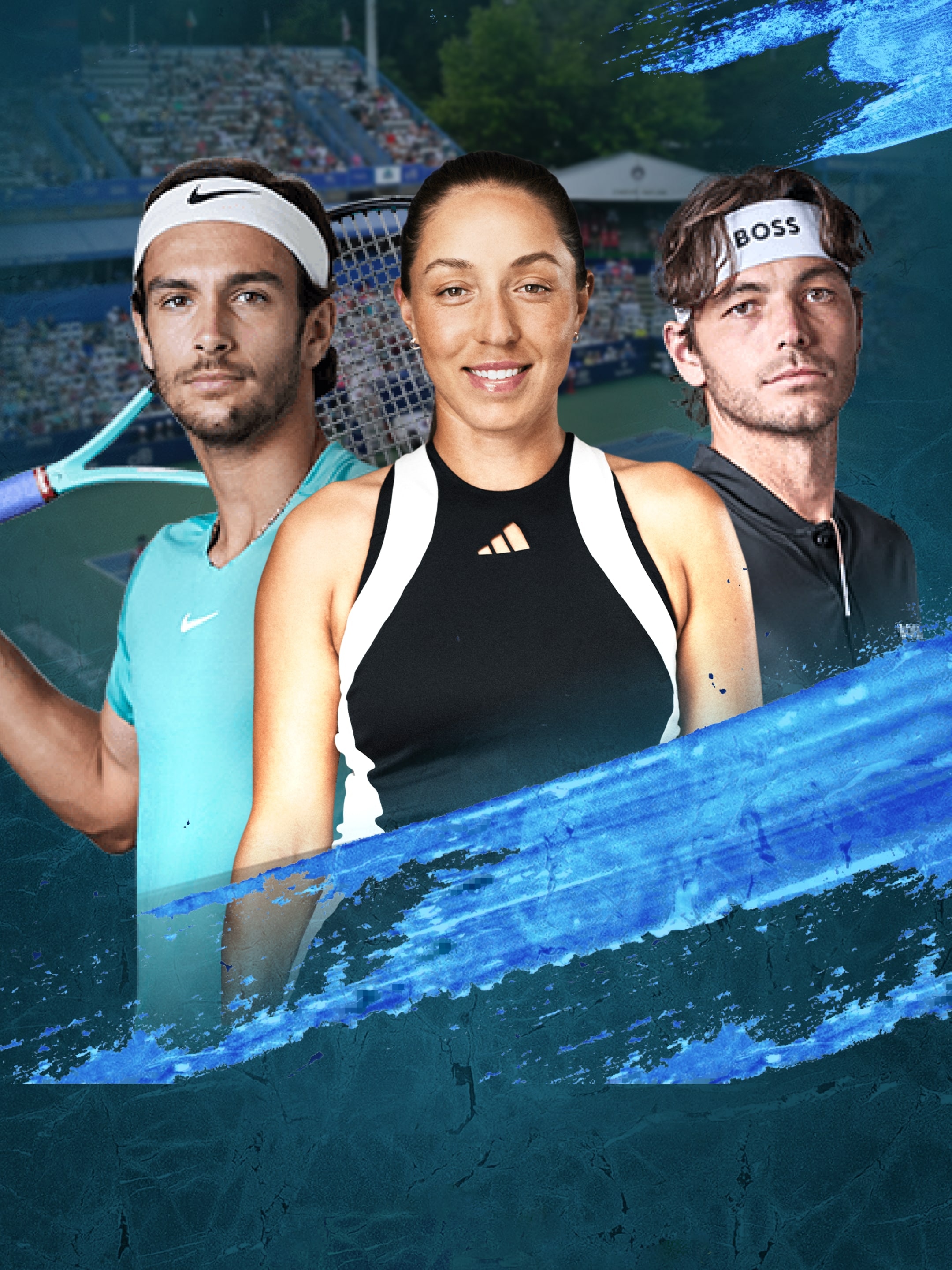 2 Profi Tennisspieler und eine Tennisspielerin posieren zusammen vor dem Court in Mubadala.