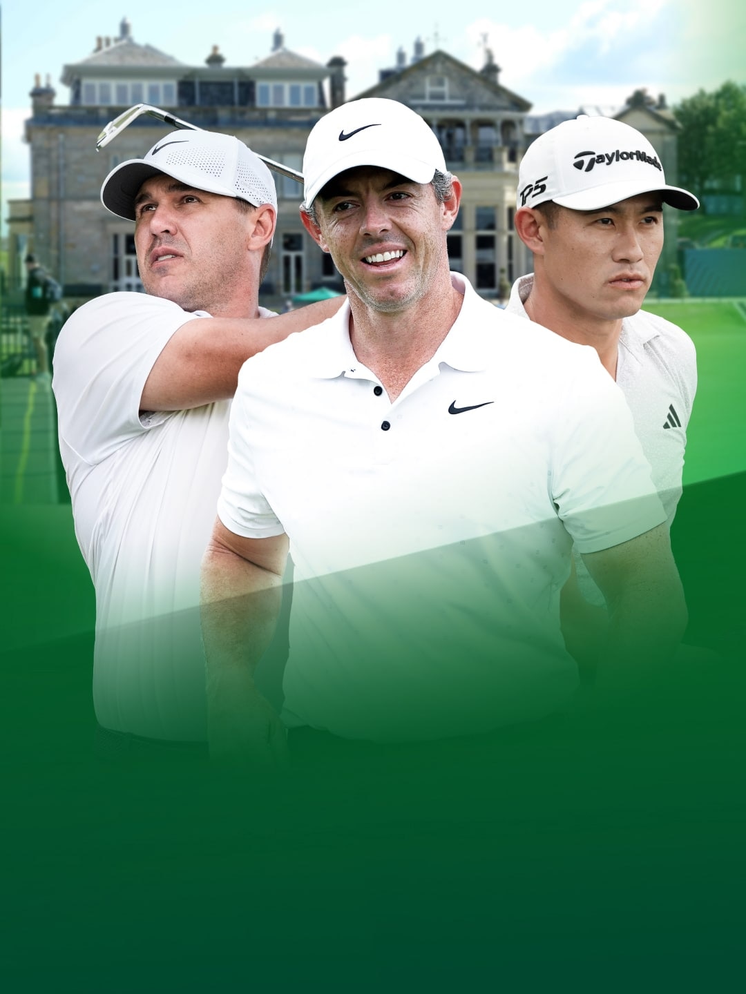 Rory McIlroy und 2 weitere Profigolfer stehen nebeneinander und lächeln auf dem Dunluce Course.