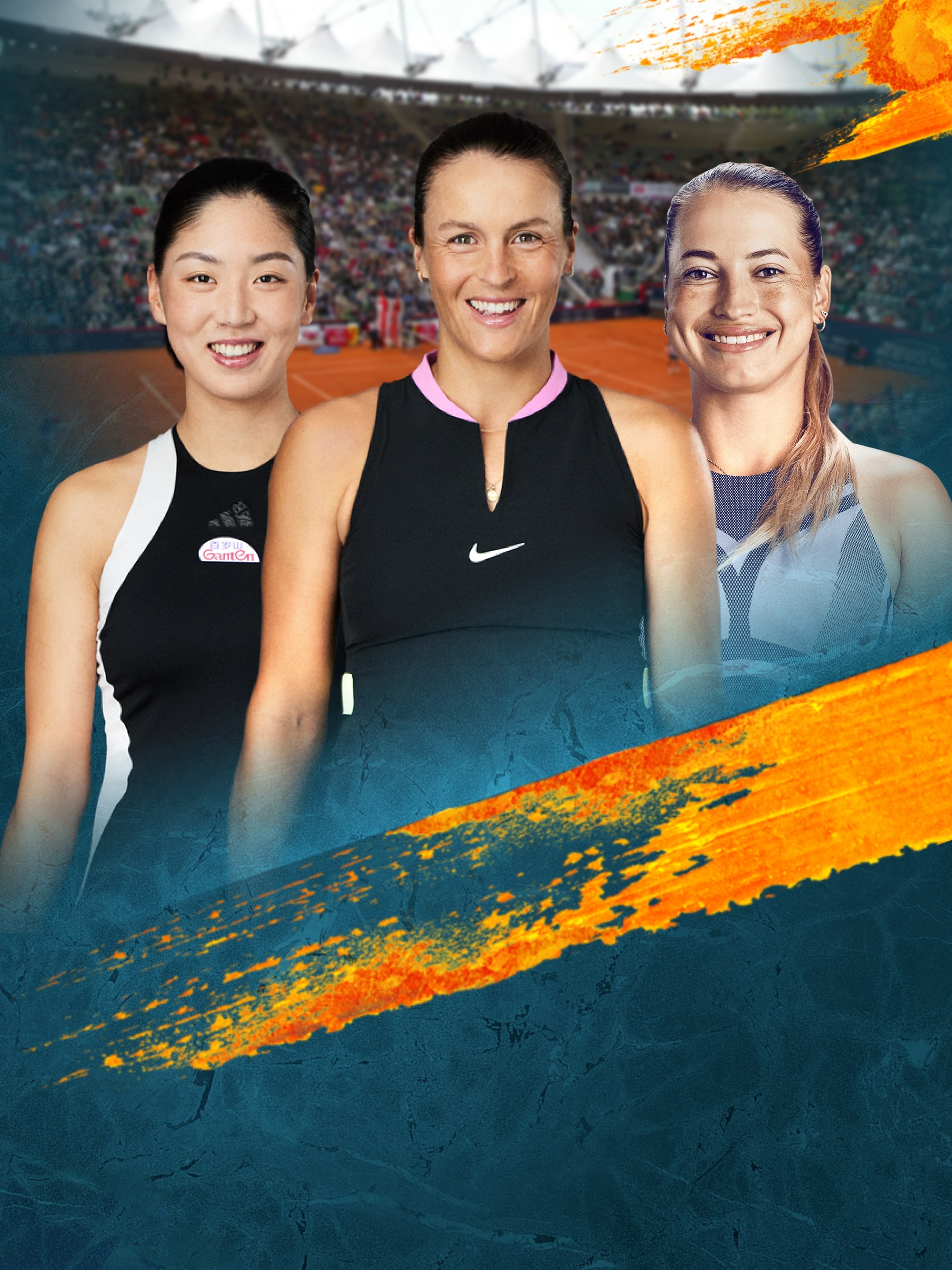Drei Profi Tennisspielerinnen sind vor dem Tennisplatz in Hamburg zusehen.