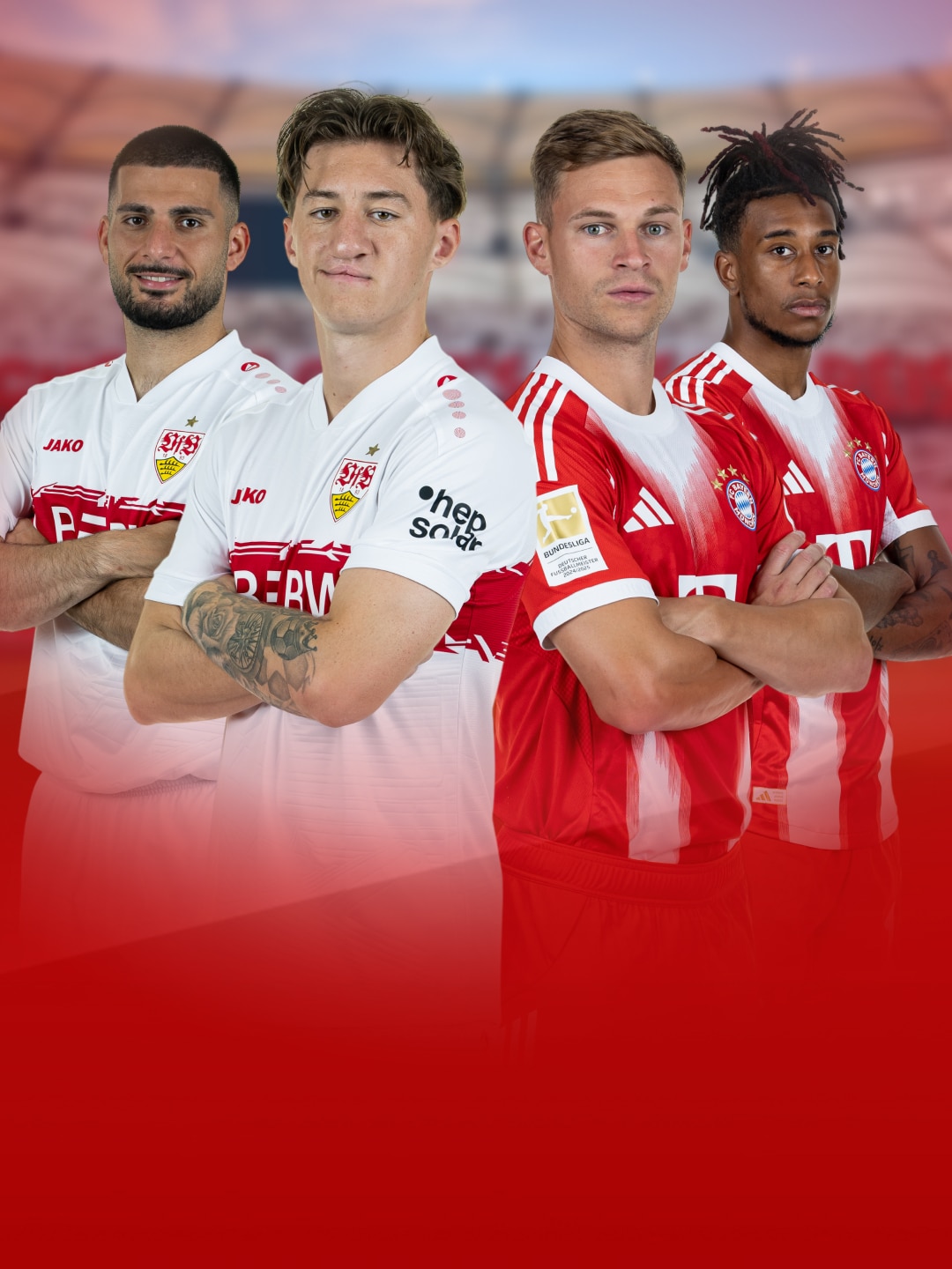 Jeweils zwei Spieler von VfB Stuttgart und Bayern München
