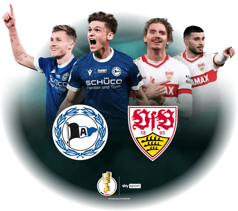Abgebildet sind jeweils zwei Spieler vom Arminia Bielefeld und VfB Stuttgart.