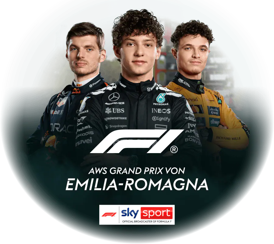 Abgebildet sind von links nach rechts die Formel-1-Fahrer  Max Verstappen, Andrea Kimi Antonelli und Leandro Norris.
