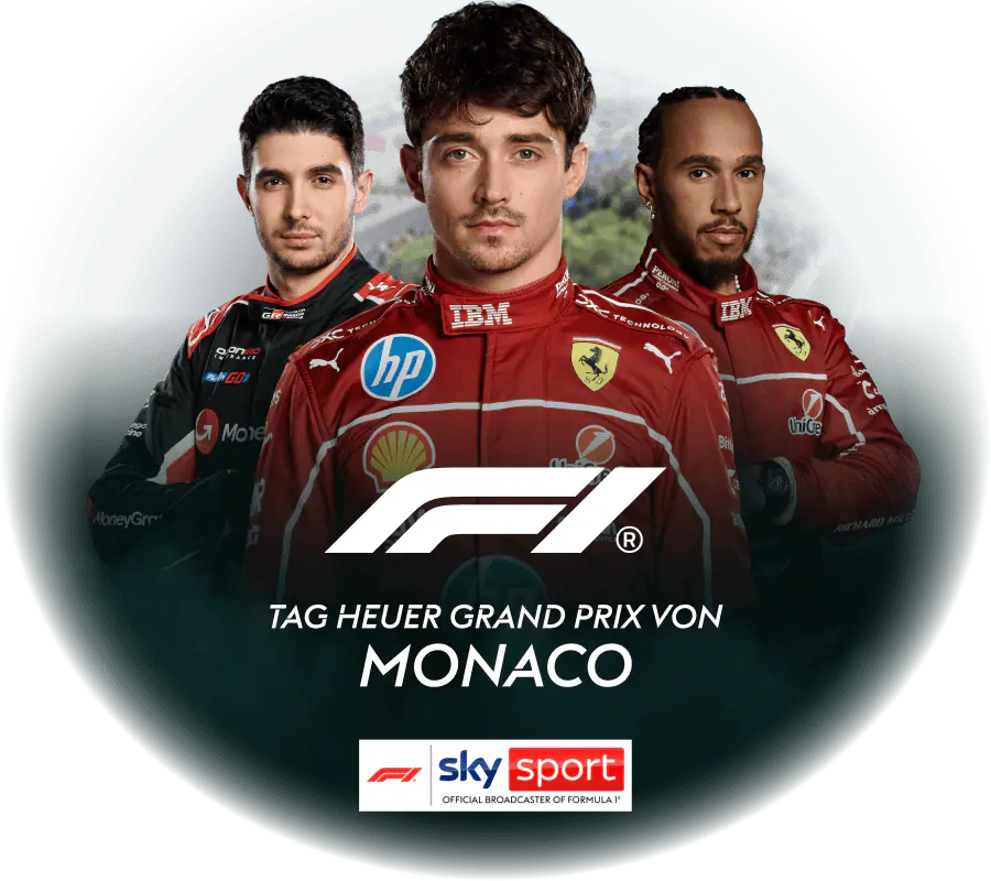 Abgebildet sind von links nach rechts die Formel-1-Fahrer  Esteban Ocon, Charles Leclerc und Lewis Hamilton.