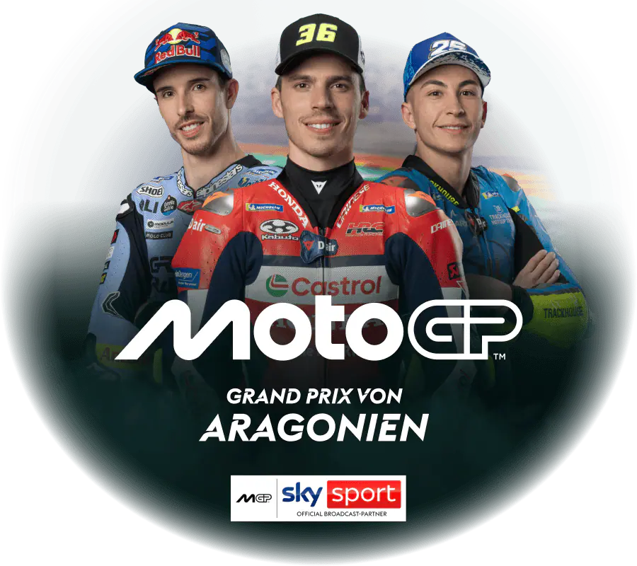 Abgebildet sind drei Fahrer der MotoGP. Es wird der GP Aragon beworben.