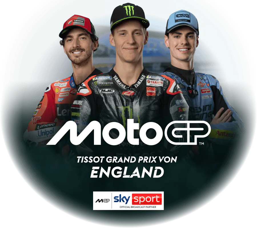Abgebildet sind drei Fahrer der MotoGP. Es wird der GP England beworben.