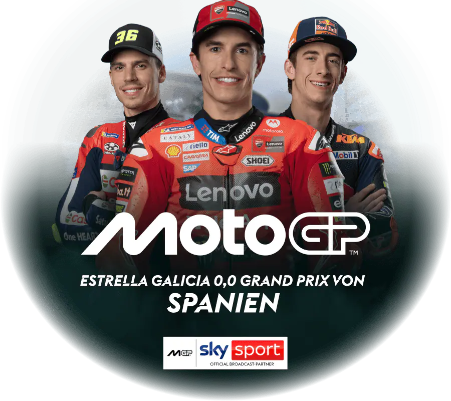 Abgebildet sind drei Fahrer der MotoGP. Es wir der GP Spanien beworben.