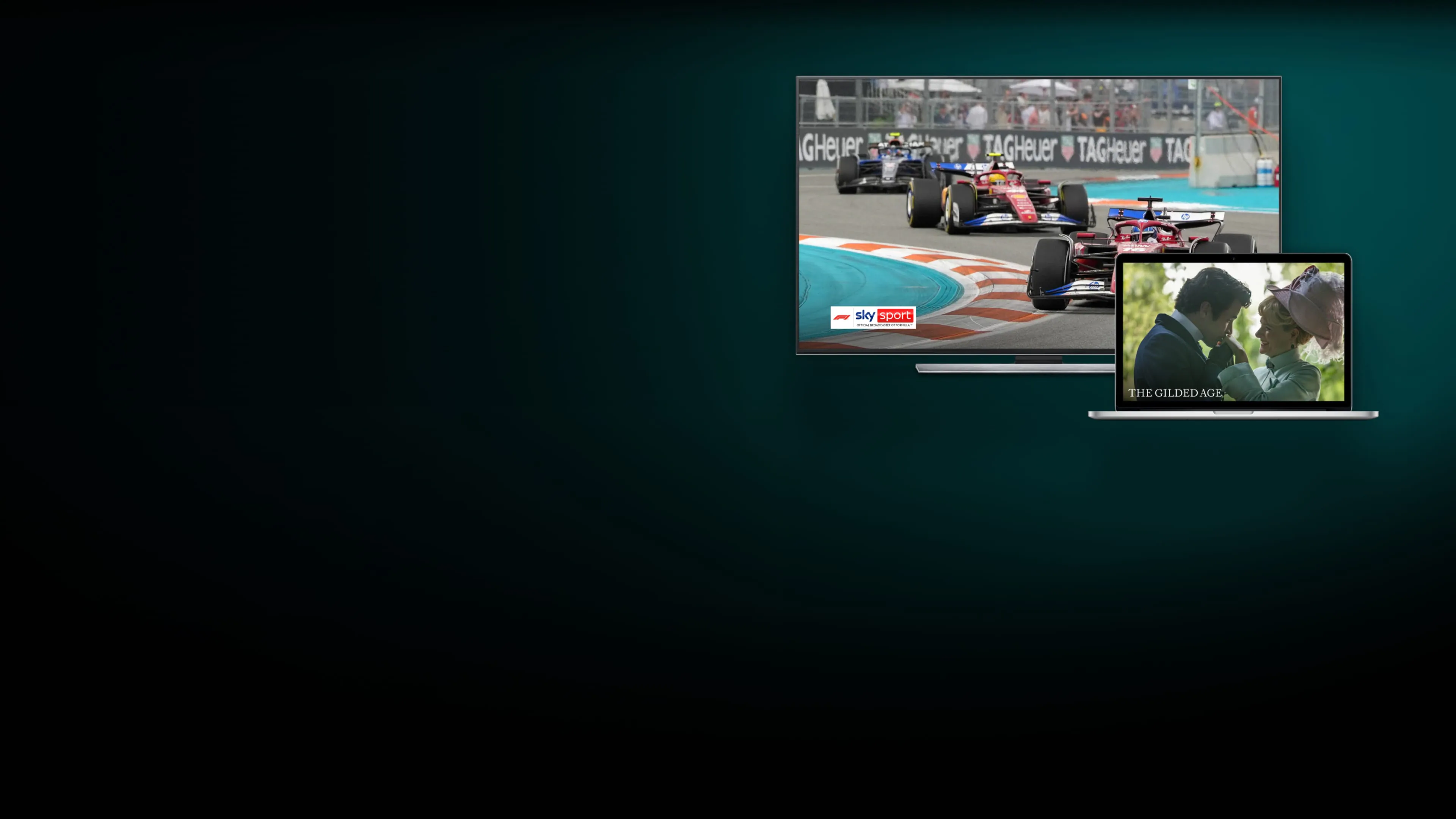 Auf dem Bild sind zwei Geräte nebeneinander dargestellt – ein großer Fernseher im Hintergrund und ein aufgeklappter Laptop im Vordergrund.
Auf dem Fernseher läuft ein Formel-1-Rennen, zu erkennen an mehreren Rennwagen, die auf einer kurvigen Strecke fahren. Die Rennstrecke ist mit dem Logo von "TAG Heuer" umrandet. Unten links im Bild ist das „Sky Sport“-Logo eingeblendet.
Auf dem Laptop ist eine Szene aus der Serie „The Gilded Age“ zu sehen: Ein elegant gekleideter Mann küsst die Hand einer Frau in historischer Kleidung mit einem auffälligen Hut. Unten im Bild steht der Serientitel: „THE GILDED AGE“.
Die Darstellung symbolisiert, dass man mit dem Streamingdienst jetzt auf zwei Geräten gleichzeitig Inhalte schauen kann – Sport und Serien parallel.