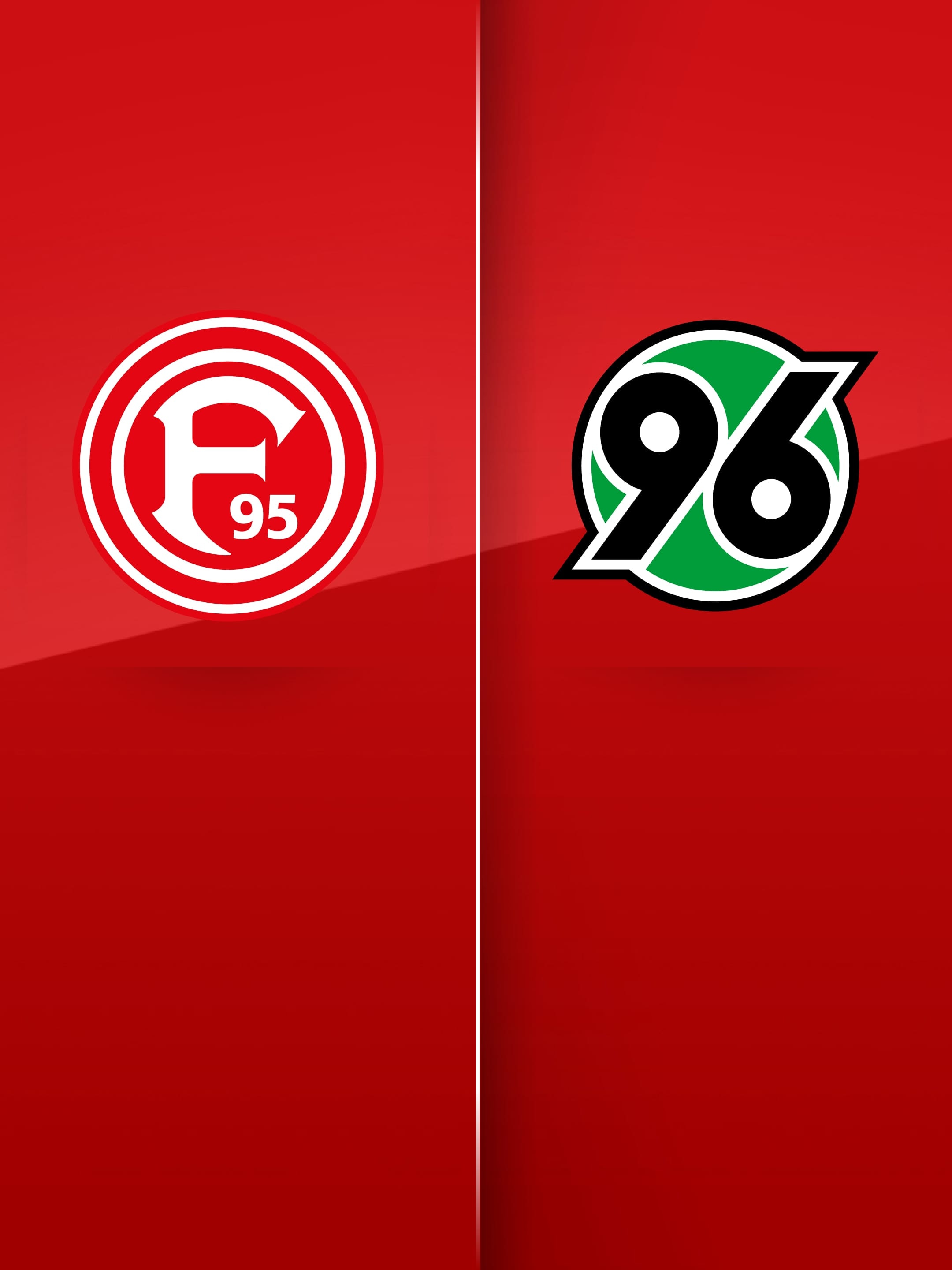 Fortuna Düsseldorf Logo und das Hannover 96 Logo auf einem roten Hintergrund.