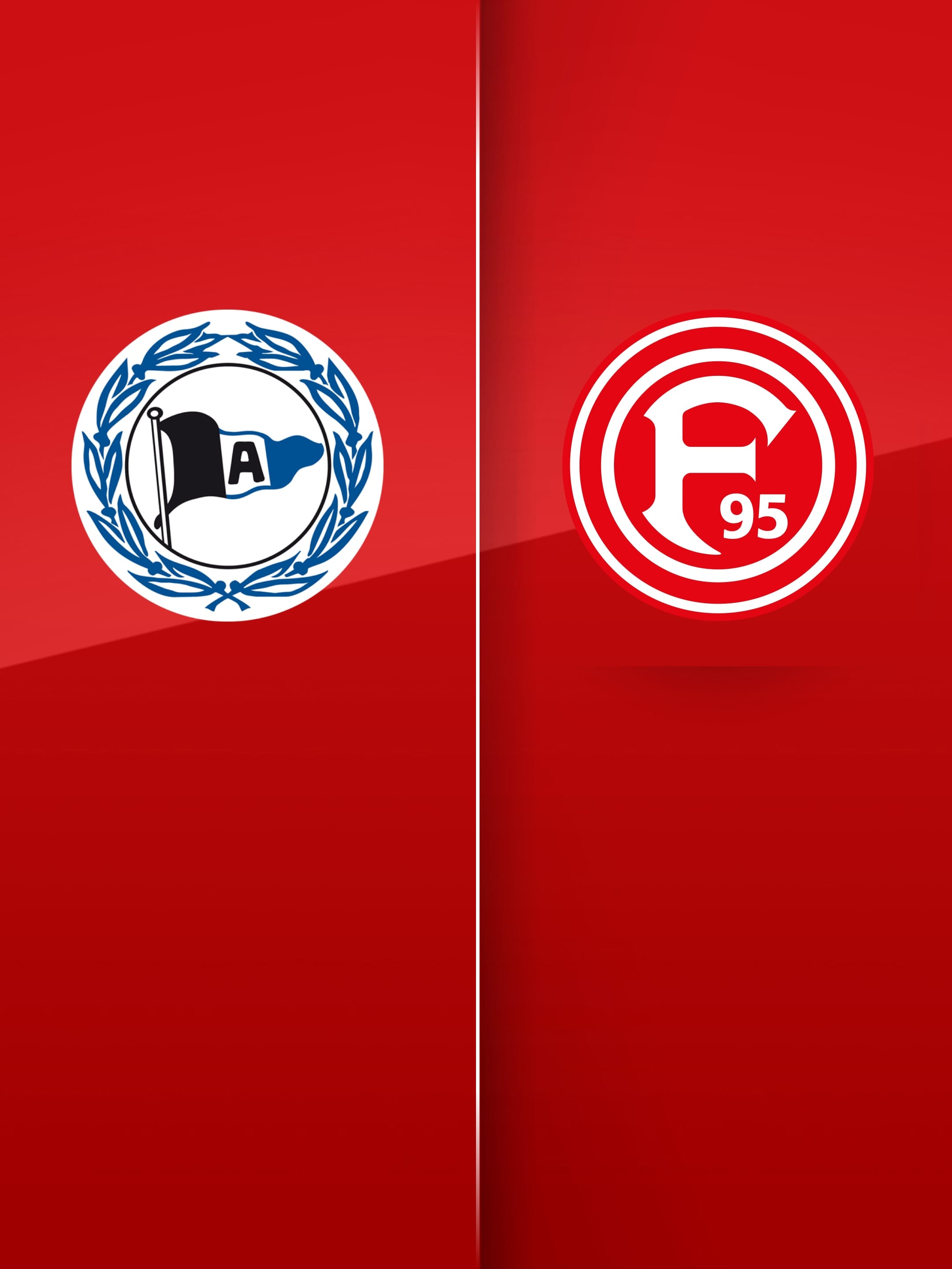 Arminia Bielefeld Logo und das Fortuna Düsseldorf Logo auf einem roten Hintergrund.