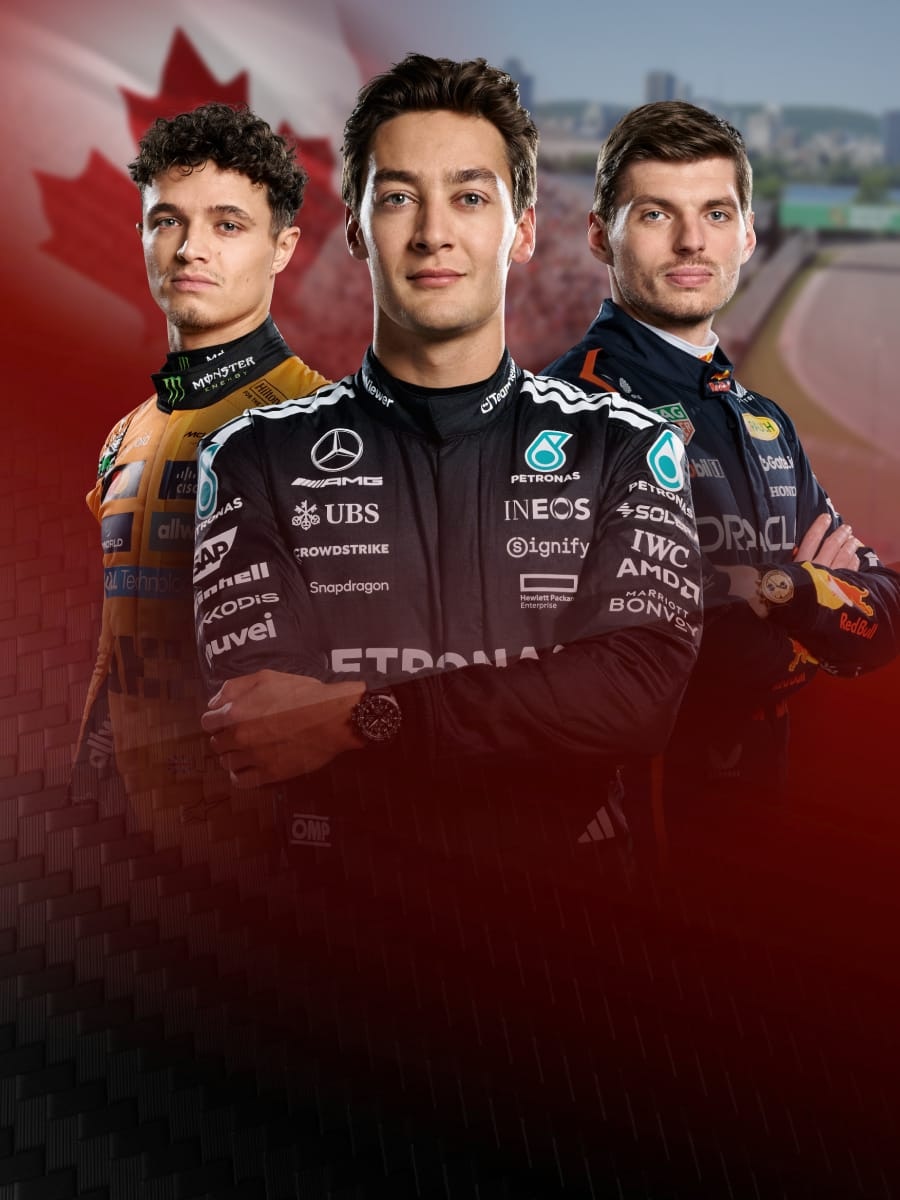 Formel 1 Fahrer: Lando Norris, George Russel und Max Verstappen stehen vor der Strecke in Montreal.