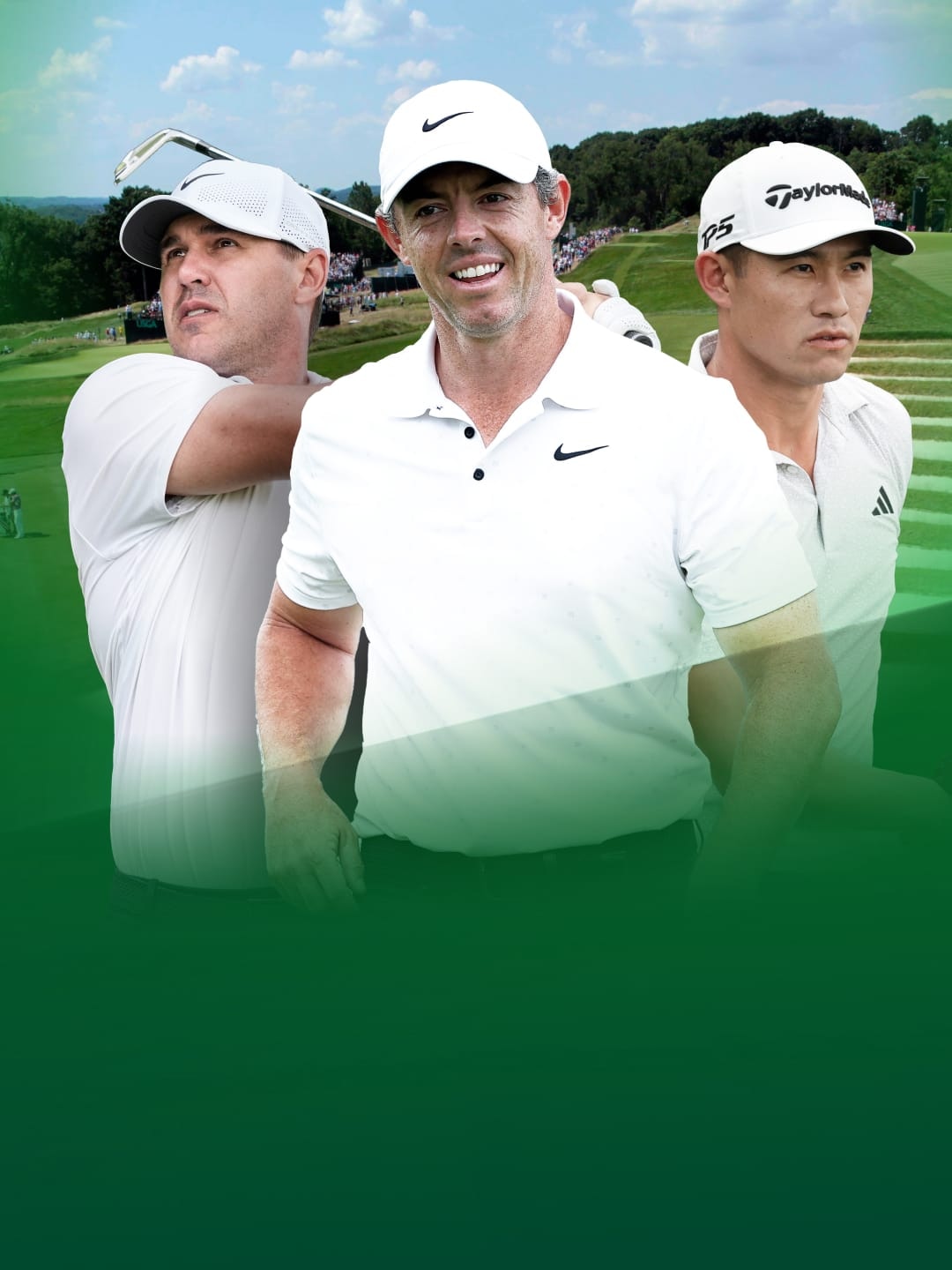 Scottie SchScheffler, Rory McIlroy und Kim Joo-hyung vor einem Golfplatz.