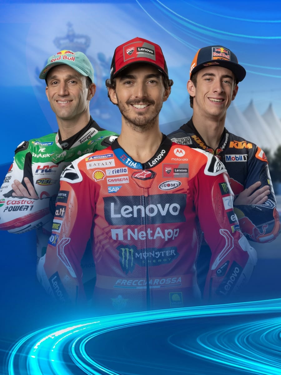 Von links nach rechts die MotoG-Fahrer Johann Zarco, Francesco Bagnaia und Pedro Acosta.
