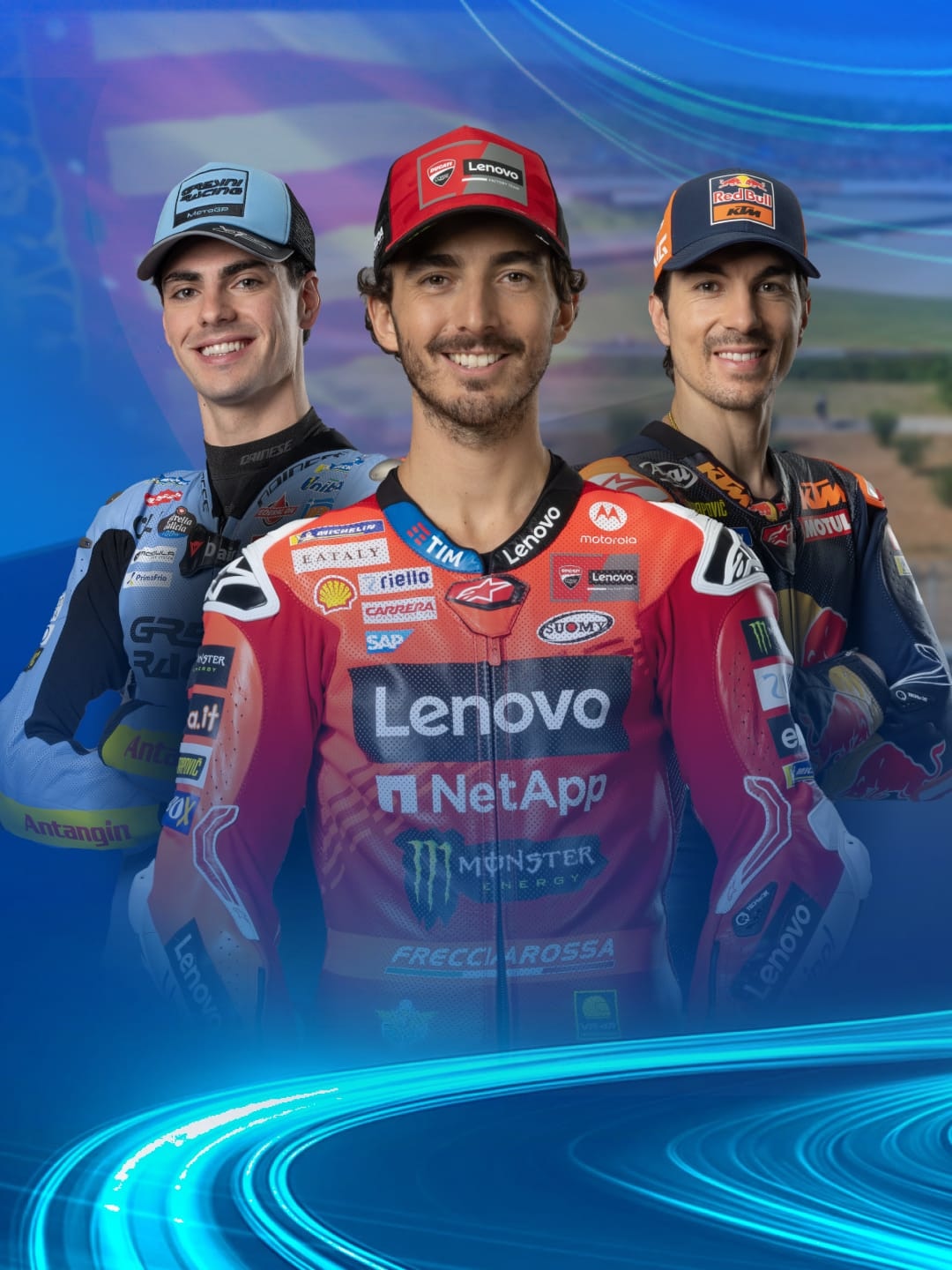 Von links nach rechts die MotoG-Fahrer Fermin Aldeguer, Francesco Bagnaiaund Maverick Vinales.