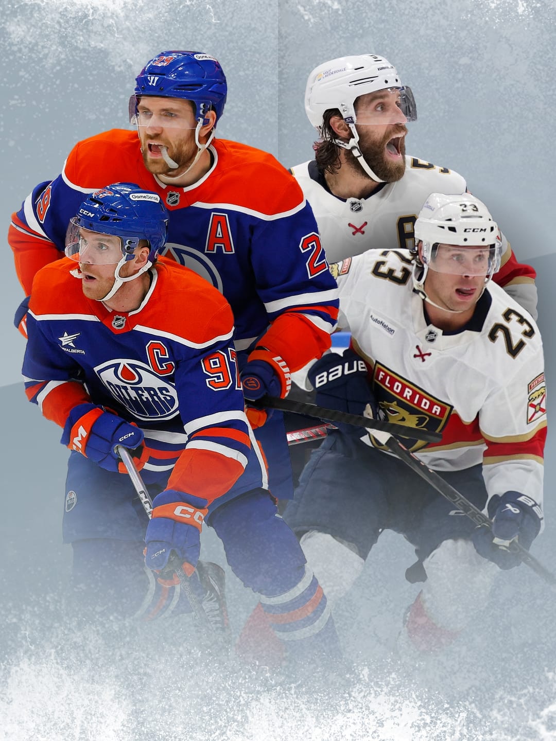 2 Spieler von den Edmonton Oilers und 2 Spieler von den Florida Panthers in voller Eishockey Montur.
