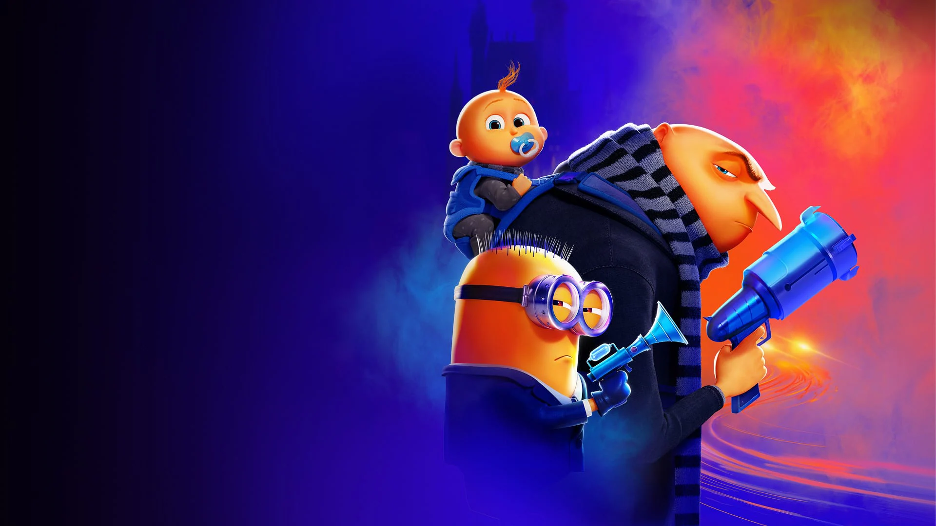 Illustration zum Film Ich – Einfach unverbesserlich 4, mit Gru, einem Minion und einem Baby. Gru hält eine futuristische Waffe, der Hintergrund ist farbenfroh und dynamisch.