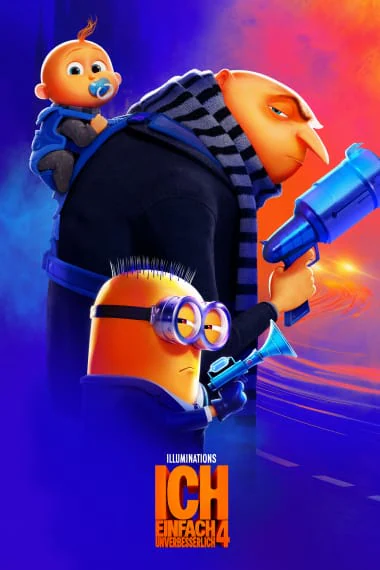 Poster zum Film Ich – Einfach unverbesserlich 4, mit Gru, einem Minion und einem Baby. Gru hält eine futuristische Waffe, der Hintergrund ist farbenfroh und dynamisch.