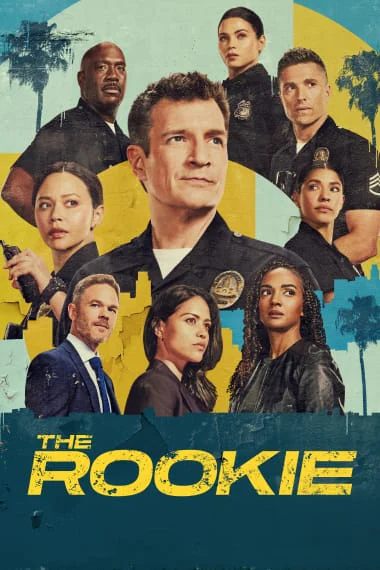 Key Art von "The Rookie" Staffel 7. Dabei ist Nolan (Nathan Fillion) in der Mitte abgebildet, umgeben von seinen Polizeikollegen.
