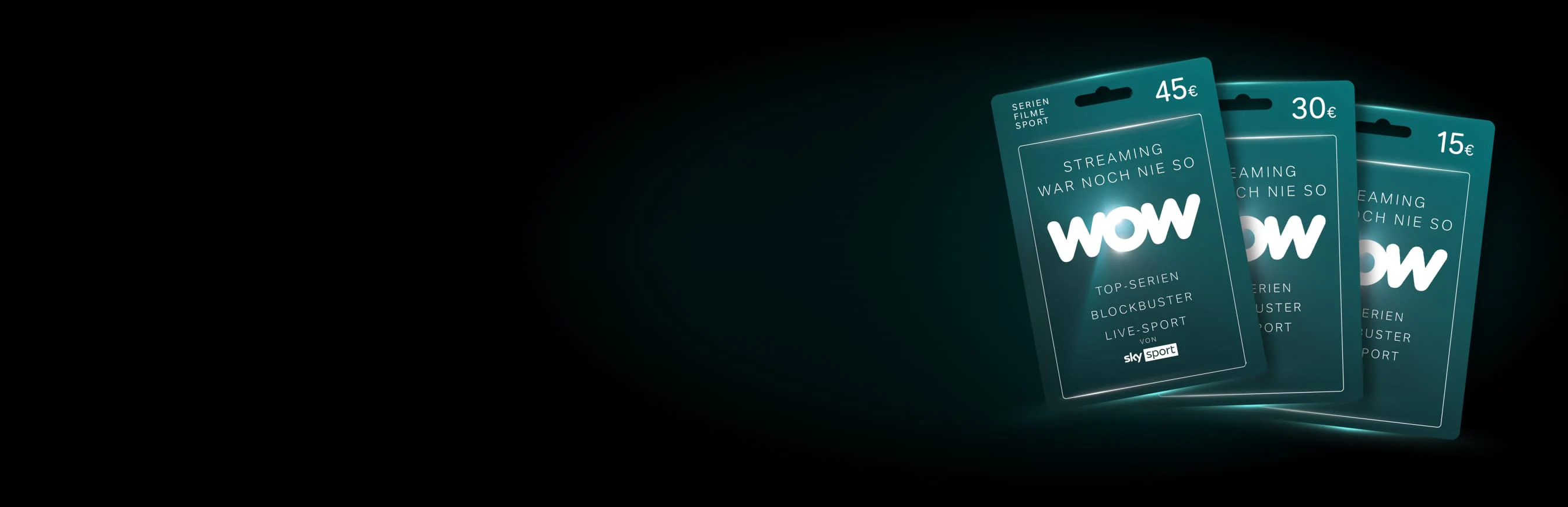 Das Bild zeigt drei nebeneinanderstehende Geschenkkarten des Streaming-Dienstes WOW in türkisblauer Farbe. 
